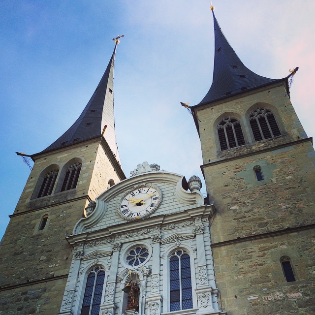 Interesting how cathedral styles vary across Europe. 
Pointy and prominent here — an homage to the surrounding alps? #switzerland #architecture
